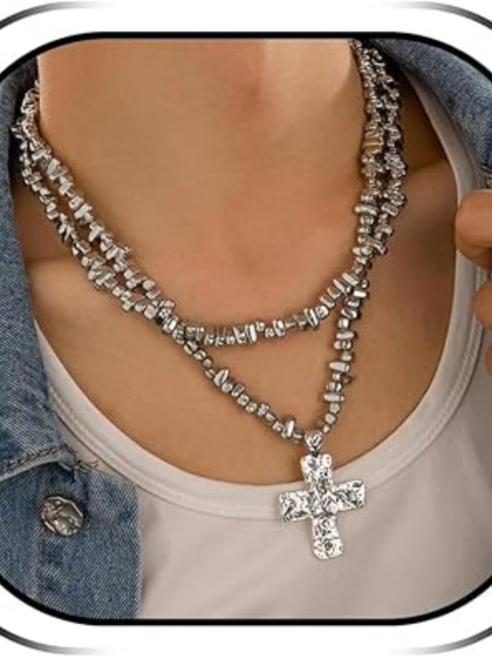 Layered Big‎ Cross Pendant Necklace Beaded Silver Chunky Statement
